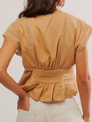 V Neck Low Cut Sleeveless Retro Solid Summer Slim Fit Lace Patchwork Button Down Cami Top