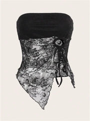 Lace Tube Summer Strapless Off Shoulder Front Drawstring Solid Color Slim Fit Mini Vest Irregular Hem Tank Crop Tops