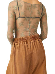 Mesh Sheer See Through Long Sleeve Floral Embroidery Slim Fit Asymmetrical Hem Tee
