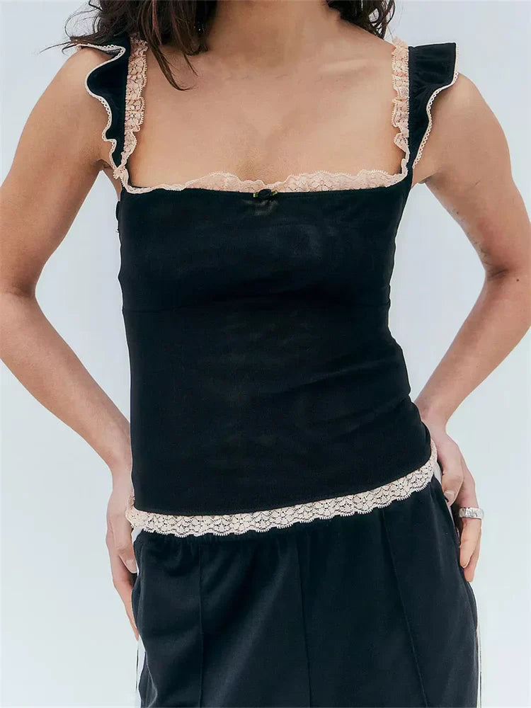 Mesh Patchwork Backless Ruffle Basic Strap Aesthetic Streetwear Cami Top