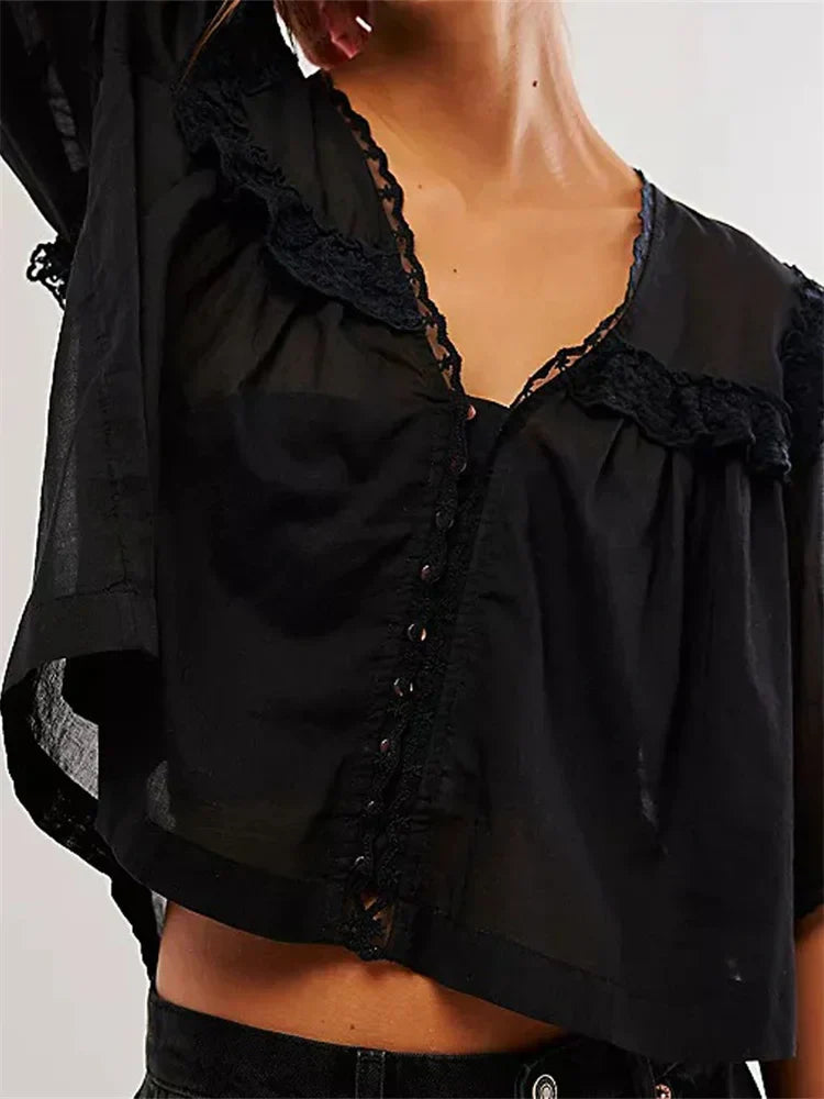 WomenLace Patchwork Short Sleeve Summer Loose Casual Crop Tops Streetwear Blouse