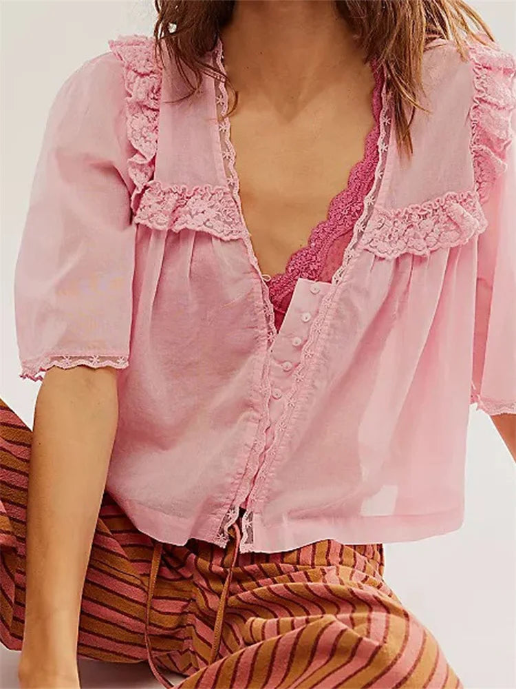 WomenLace Patchwork Short Sleeve Summer Loose Casual Crop Tops Streetwear Blouse