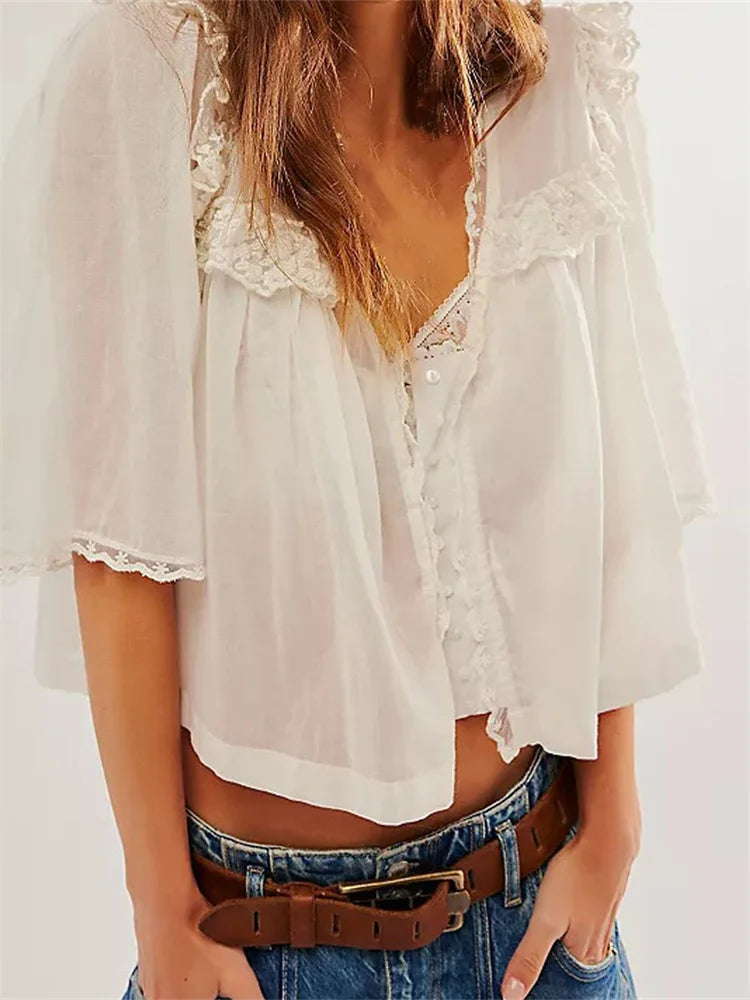 WomenLace Patchwork Short Sleeve Summer Loose Casual Crop Tops Streetwear Blouse