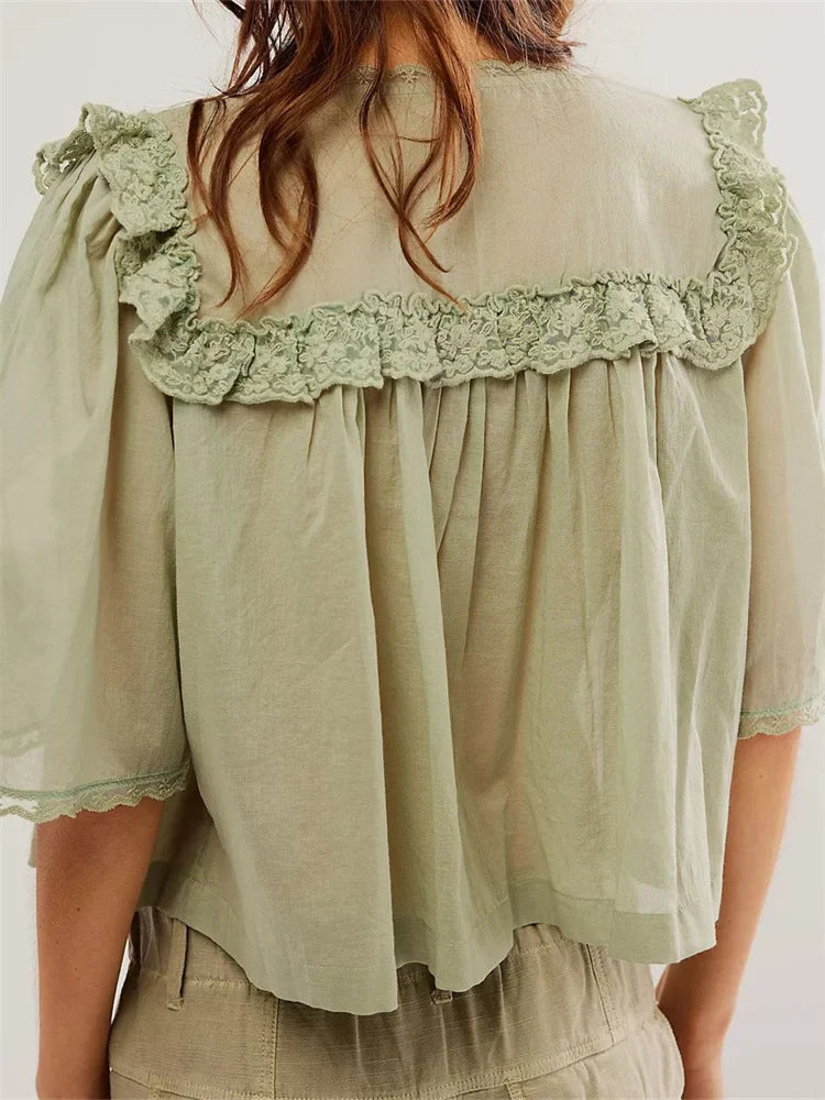 WomenLace Patchwork Short Sleeve Summer Loose Casual Crop Tops Streetwear Blouse