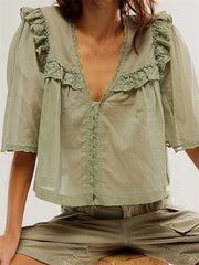 WomenLace Patchwork Short Sleeve Summer Loose Casual Crop Tops Streetwear Blouse