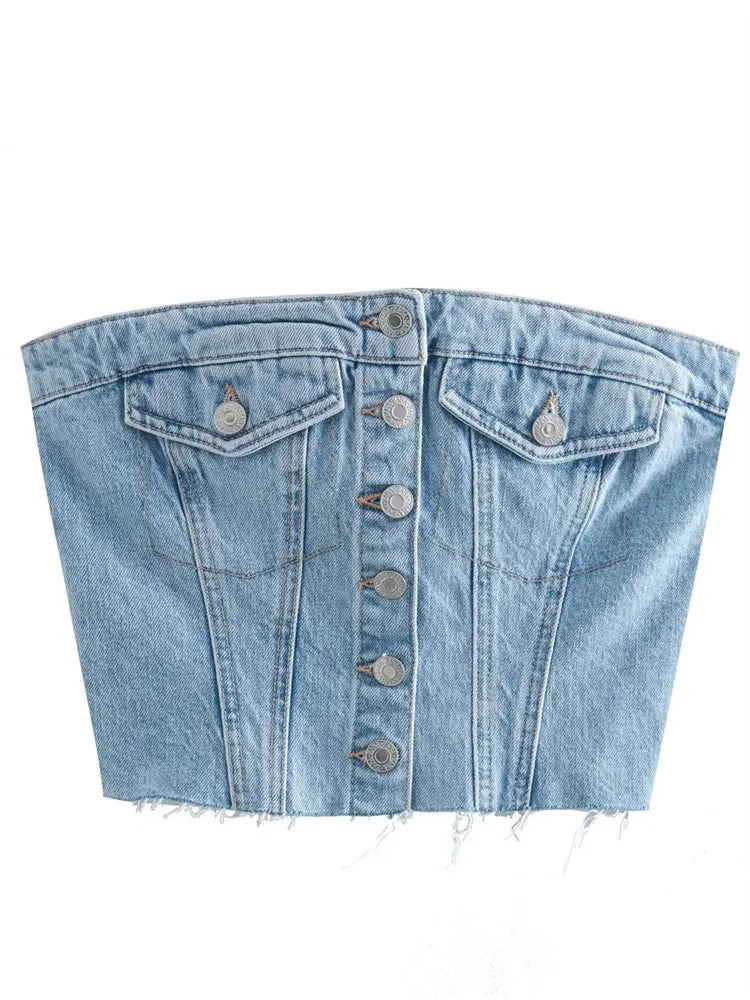 Sexy Tube Sleeveless Buttons Up Bustiers Corsets Denim Off Shoulder Cropped Tank Mini Vest  Crop Tops