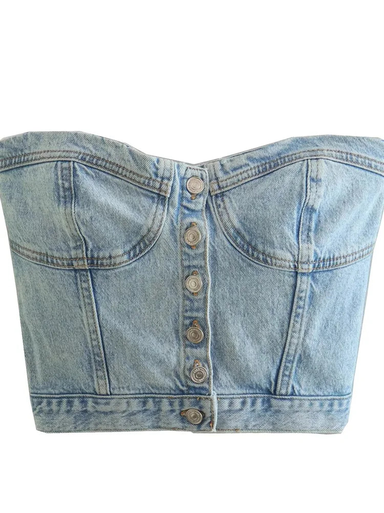 Sexy Tube Sleeveless Buttons Up Bustiers Corsets Denim Off Shoulder Cropped Tank Mini Vest  Crop Tops