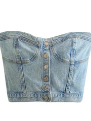 Sexy Tube Sleeveless Buttons Up Bustiers Corsets Denim Off Shoulder Cropped Tank Mini Vest  Crop Tops