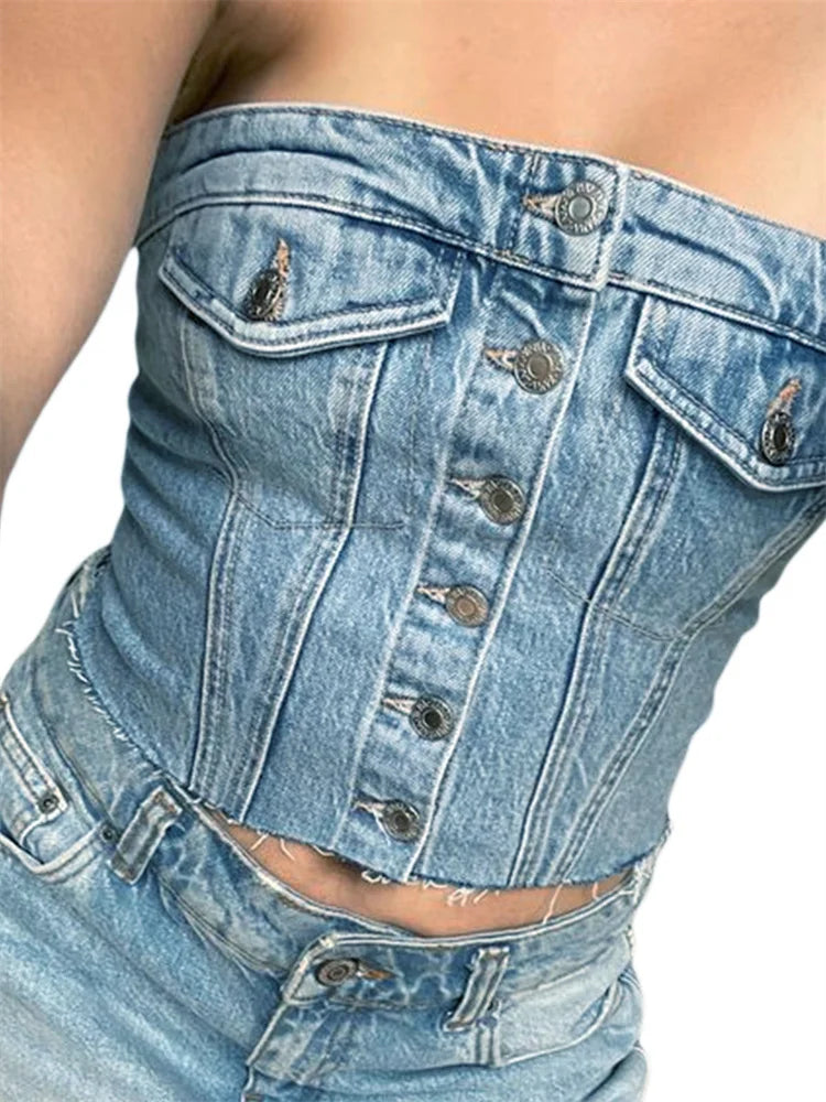 Sexy Tube Sleeveless Buttons Up Bustiers Corsets Denim Off Shoulder Cropped Tank Mini Vest  Crop Tops