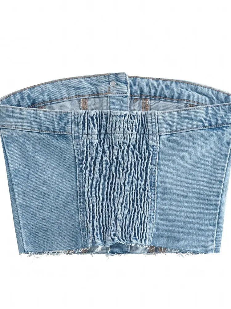 Sexy Tube Sleeveless Buttons Up Bustiers Corsets Denim Off Shoulder Cropped Tank Mini Vest  Crop Tops