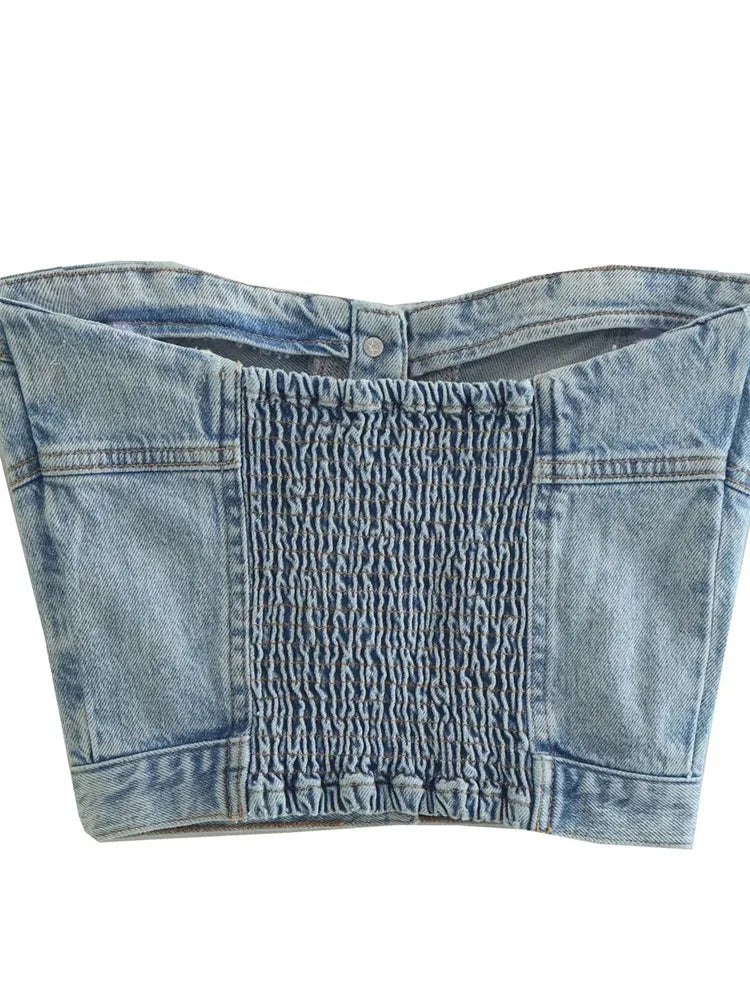 Sexy Tube Sleeveless Buttons Up Bustiers Corsets Denim Off Shoulder Cropped Tank Mini Vest  Crop Tops