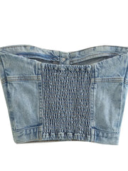 Sexy Tube Sleeveless Buttons Up Bustiers Corsets Denim Off Shoulder Cropped Tank Mini Vest  Crop Tops