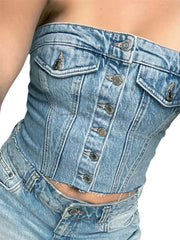 Sexy Tube Sleeveless Buttons Up Bustiers Corsets Denim Off Shoulder Cropped Tank Mini Vest  Crop Tops
