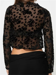 WomenLong Sleeve Front Split Lace Tops See-through Cropped Blouse