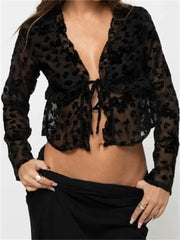 WomenLong Sleeve Front Split Lace Tops See-through Cropped Blouse