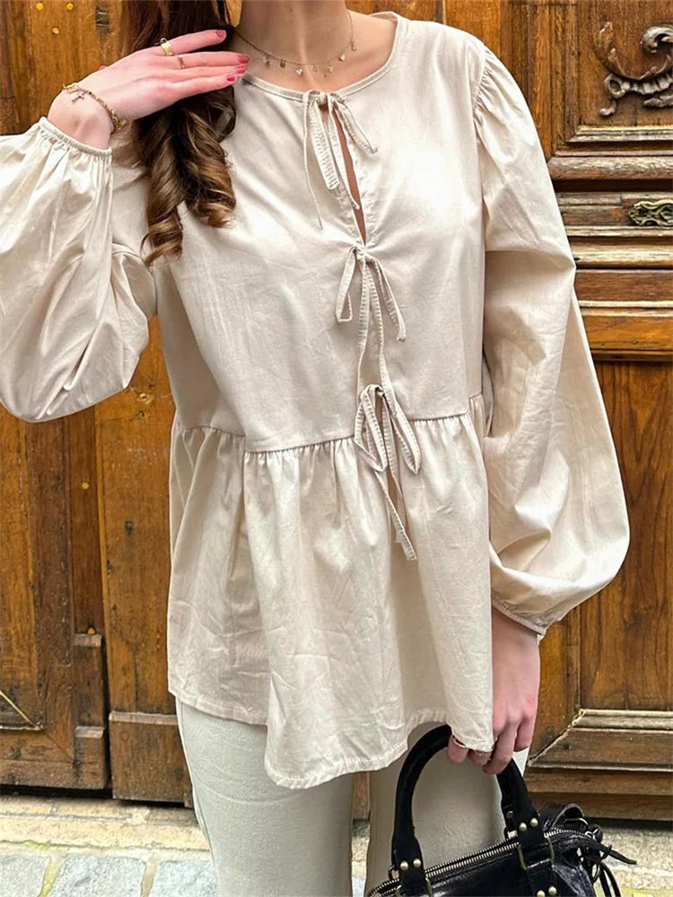 WomenFront Lace-up Sleeve Round Neck Loose Fit Casual Solid Blouse