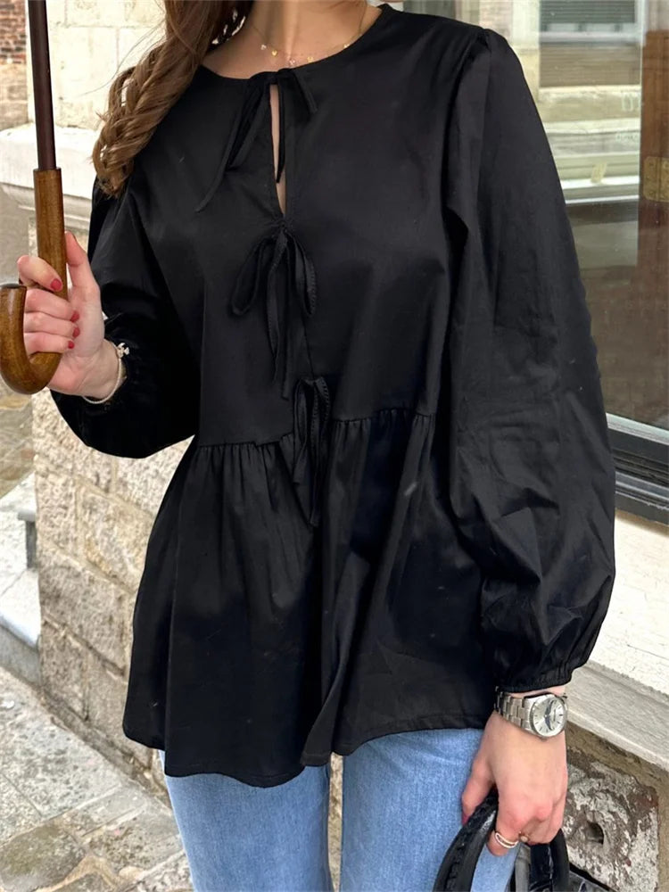 WomenFront Lace-up Sleeve Round Neck Loose Fit Casual Solid Blouse