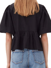 WomenStriped Print Puff Sleeve Front Tie-up Loose Casual Crop Tops Streetwear Blouse