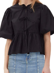 WomenStriped Print Puff Sleeve Front Tie-up Loose Casual Crop Tops Streetwear Blouse
