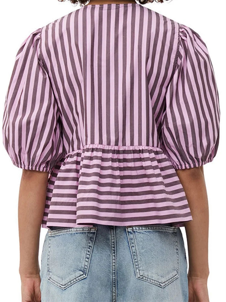 WomenStriped Print Puff Sleeve Front Tie-up Loose Casual Crop Tops Streetwear Blouse