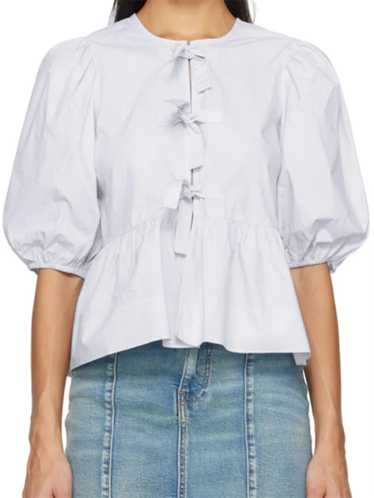 WomenStriped Print Puff Sleeve Front Tie-up Loose Casual Crop Tops Streetwear Blouse