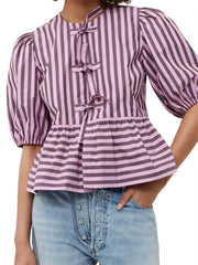 WomenStriped Print Puff Sleeve Front Tie-up Loose Casual Crop Tops Streetwear Blouse