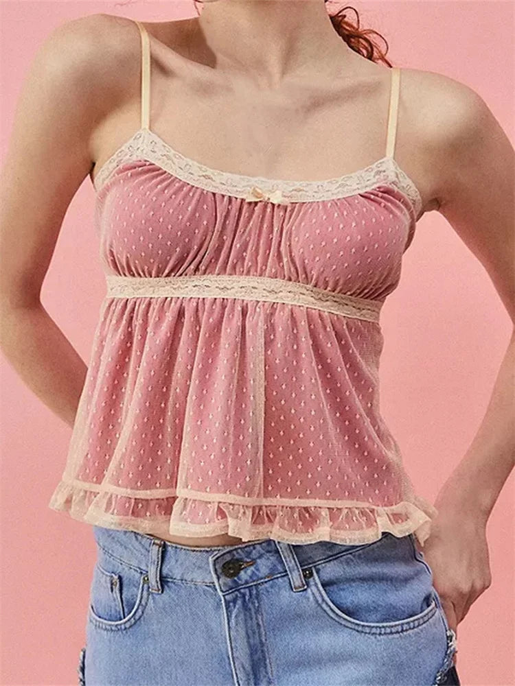 Slim Fit Front Mini Bowknot Sleeveless Exposed Navel Summer Lace Trim Spaghetti Strap Vest Cami Top
