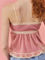 Slim Fit Front Mini Bowknot Sleeveless Exposed Navel Summer Lace Trim Spaghetti Strap Vest Cami Top