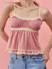 Slim Fit Front Mini Bowknot Sleeveless Exposed Navel Summer Lace Trim Spaghetti Strap Vest Cami Top