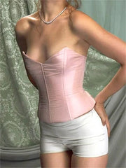 Slim Corset Tube Solid Low Cut Strapless Off Shoulder Bustiers Backless Tie-up Tank Summer Party Vest  Crop Tops