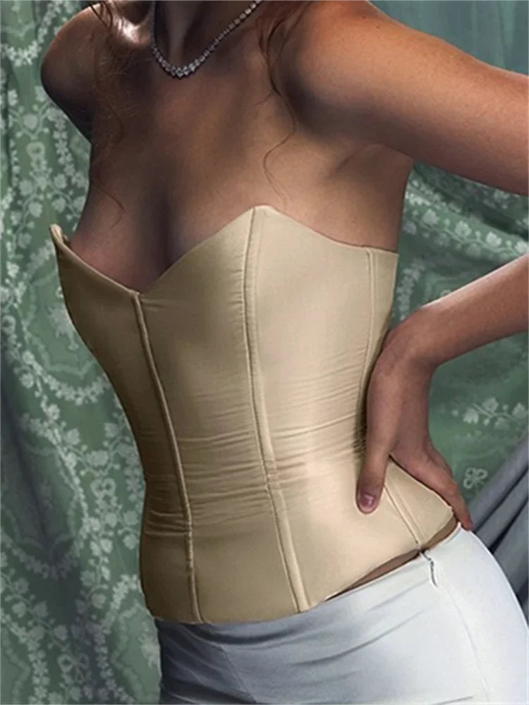 Slim Corset Tube Solid Low Cut Strapless Off Shoulder Bustiers Backless Tie-up Tank Summer Party Vest  Crop Tops