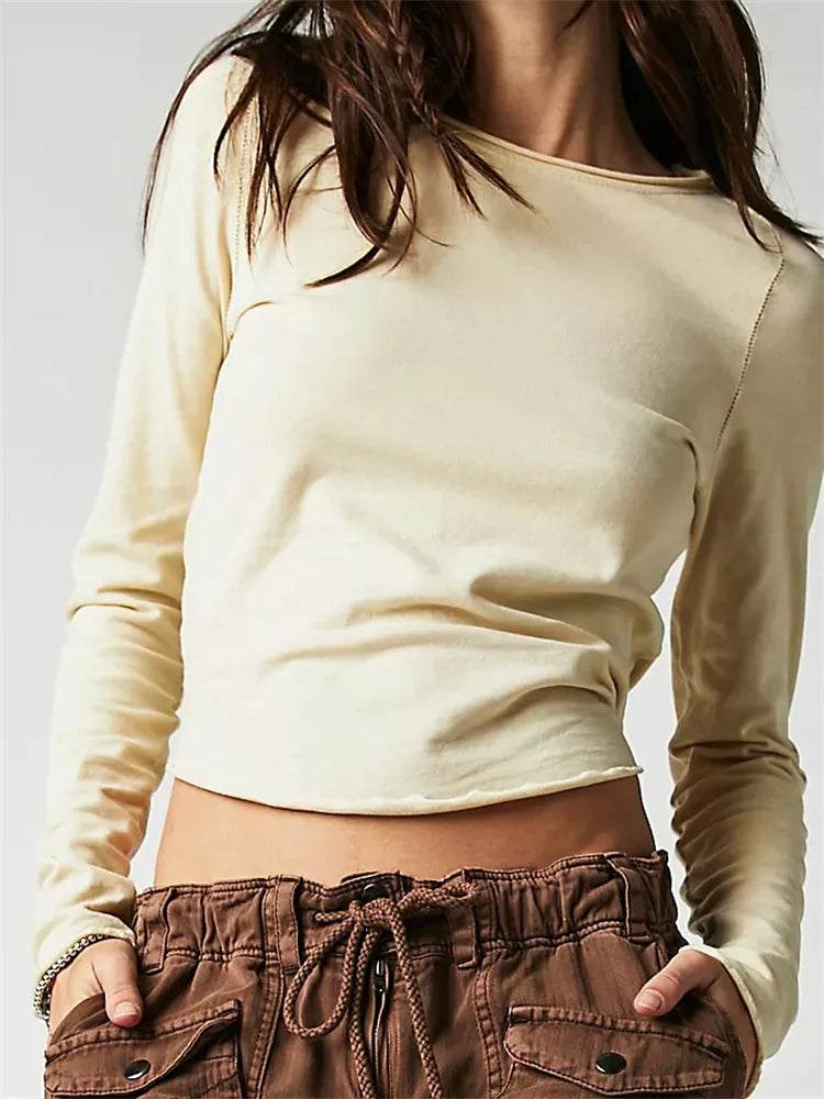 Solid Basic Long Sleeve Round Neck Solid Spring Autumn Slim Fit Streetwear Casual Top Tee