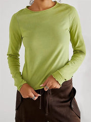 Solid Basic Long Sleeve Round Neck Solid Spring Autumn Slim Fit Streetwear Casual Top Tee