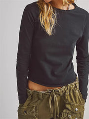 Solid Basic Long Sleeve Round Neck Solid Spring Autumn Slim Fit Streetwear Casual Top Tee