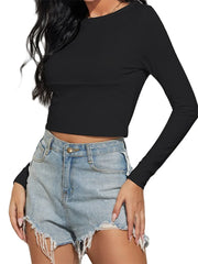 Solid Color Casual Round Neck Long Sleeve Spring Fall Slim Fit Streetwear Tee