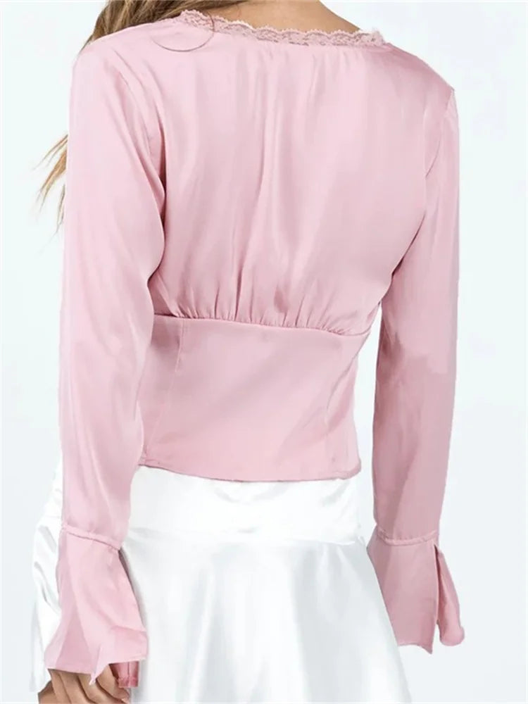 WomenColor Basic Lace Trim V Neck Slim Fit Satin Front Split Tie-up Blouse
