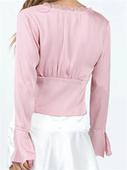 WomenColor Basic Lace Trim V Neck Slim Fit Satin Front Split Tie-up Blouse
