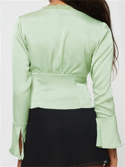 WomenColor Basic Lace Trim V Neck Slim Fit Satin Front Split Tie-up Blouse