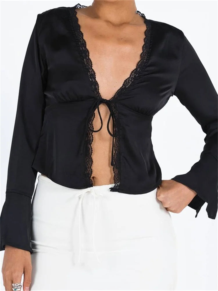 WomenColor Basic Lace Trim V Neck Slim Fit Satin Front Split Tie-up Blouse
