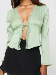 WomenColor Basic Lace Trim V Neck Slim Fit Satin Front Split Tie-up Blouse