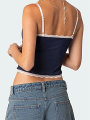 Spaghetti Strap Backless Sleeveless Mini Streetwear Slim Fit oles Lace Patchwork Bowknot Cami Top