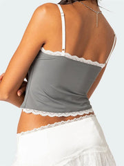 Spaghetti Strap Backless Sleeveless Mini Streetwear Slim Fit oles Lace Patchwork Bowknot Cami Top