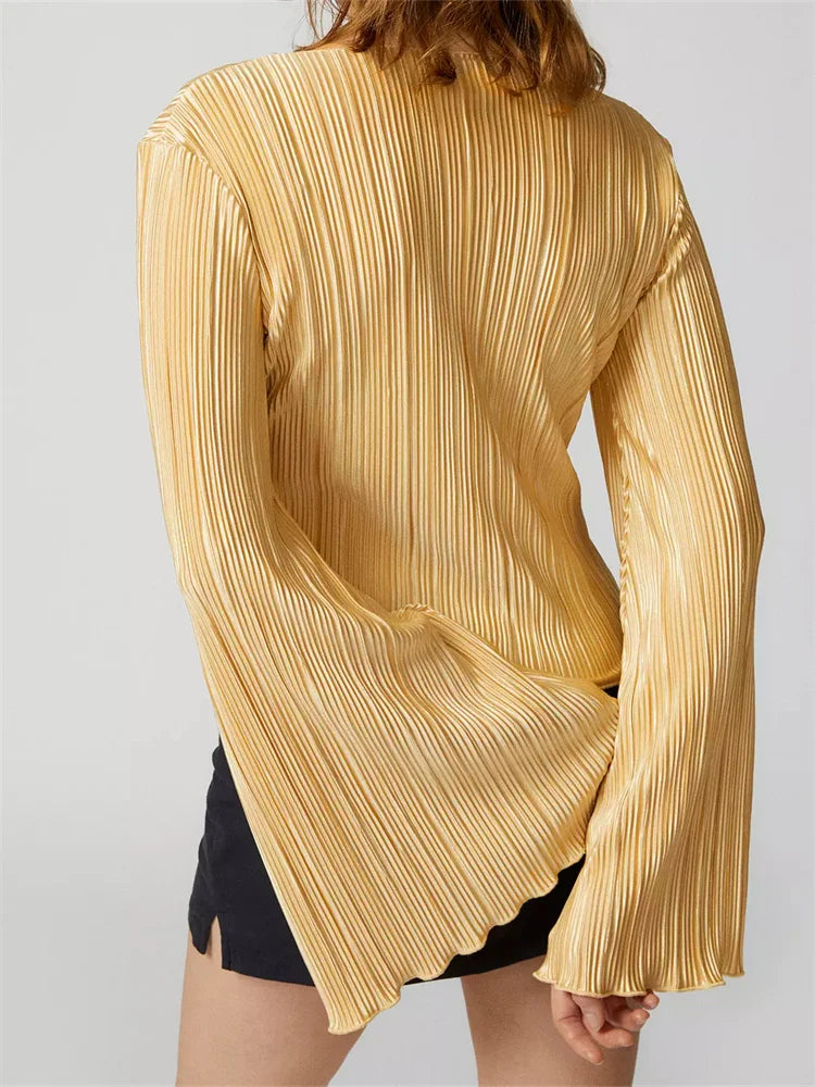WomenButtons Up Ruched Tops Long Flare Sleeve V Neck Solid Color Slim Fit Streetwear Blouse