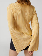 WomenButtons Up Ruched Tops Long Flare Sleeve V Neck Solid Color Slim Fit Streetwear Blouse