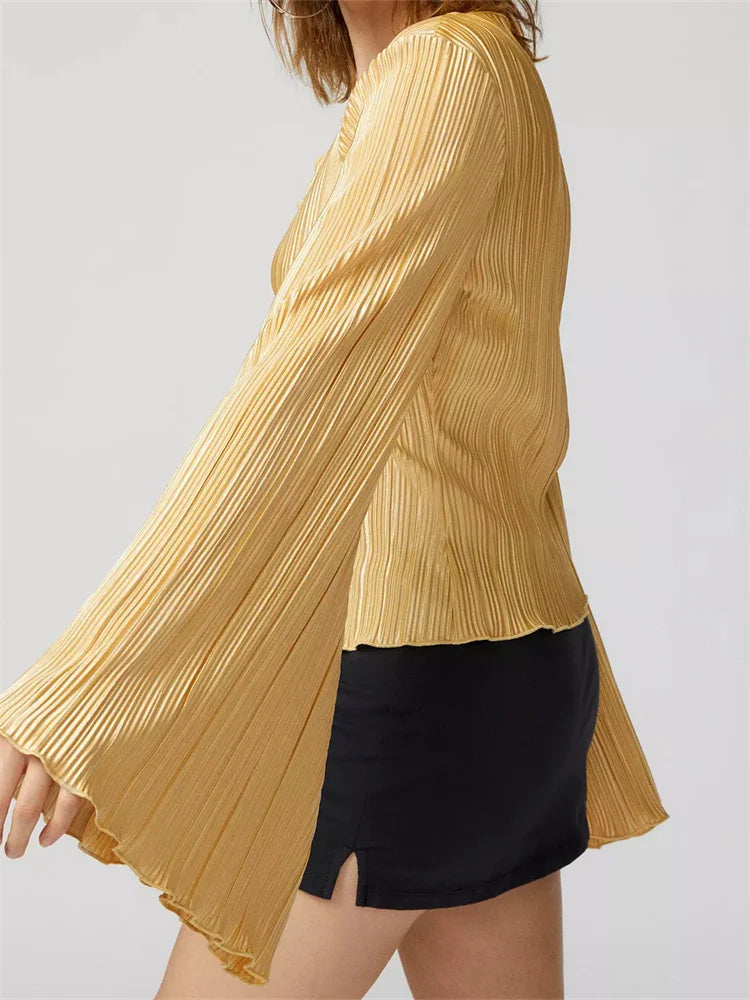 WomenButtons Up Ruched Tops Long Flare Sleeve V Neck Solid Color Slim Fit Streetwear Blouse