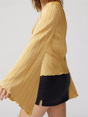WomenButtons Up Ruched Tops Long Flare Sleeve V Neck Solid Color Slim Fit Streetwear Blouse