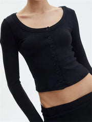 Spring Autumn Casual Cropped Solid Color Front Buttons Up Long Sleeve O-Neck Slim Fit Basic Tops Tee
