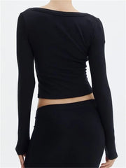 Spring Autumn Casual Cropped Solid Color Front Buttons Up Long Sleeve O-Neck Slim Fit Basic Tops Tee