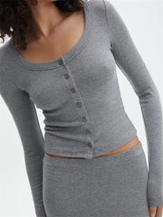 Spring Autumn Casual Cropped Solid Color Front Buttons Up Long Sleeve O-Neck Slim Fit Basic Tops Tee