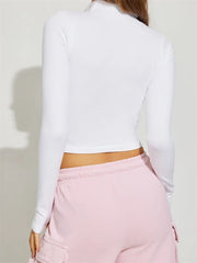 Spring Autumn Casual Slim Fit Solid Long Sleeve Stand Collar Zip Up Streetwear Tee